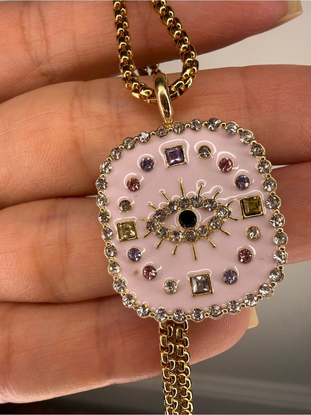Gold Pink Evil Eye Pendant Necklace with Crystal Accents Y2K - Picture 4 of 7